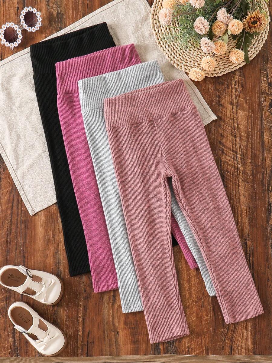 4pcs Girls Casual Solid Color Versatile Comfortable Elastic Leggings, Outdoor Autumn/Winter - Multicolor - View 1