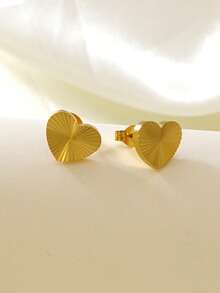 VceTd 2/4PCS Classic Textured Design Heart/Butterfly Shaped Stainless Steel Stud Earrings For Women, Suitable For Daily Wear, Holiday Occasions Or Gifts - Yellow Gold - View 5