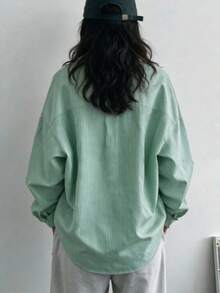 女款大尺碼條紋鈕扣開襟休閒襯衫，長版落肩袖，梭織布料 - 薄荷綠 - 查看 6
