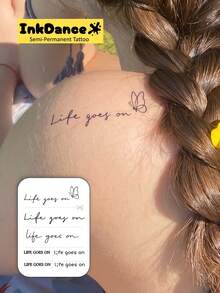 1 Kit "Life Goes On" New Technology Tattoo Sticker, Semi-Permanent, English Quote, Script Lettering, Cursive, Meaningful, Minimalist, Temporary Tattoo, Fake Tattoo, Waterproof & Long-Lasting Realistic Design, Plant-Based Formula, Ink Dance X143 - Black - View 2