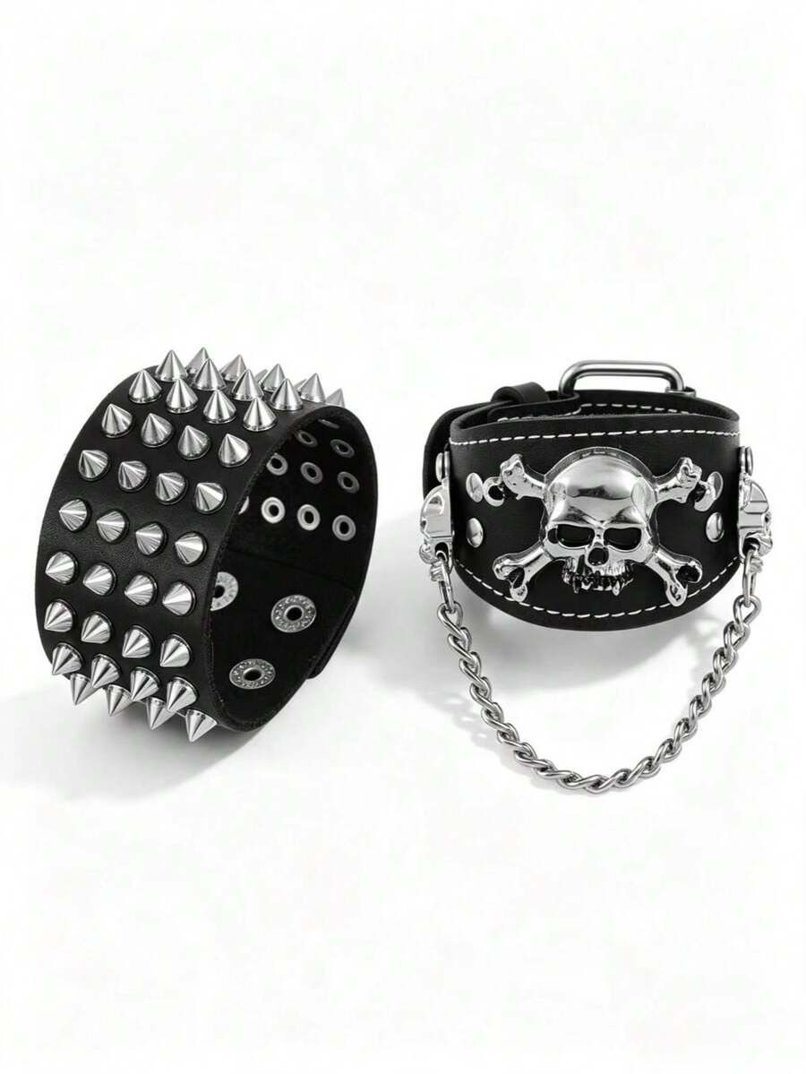 2 buah Gelang Tengkorak Punk Gothic + Gelang Paku Keling, Cocok untuk Gaya Motor Rock Vintage Pria, Hadiah Istimewa untuk Pria - Hitam - View 1