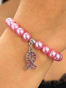 1pc Breast Cancer Awareness Bracelet With Red Ribbon, International AIDS And Breast Cancer Prevention - Pink - View 3