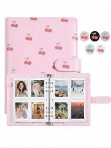 Cherry Pattern Loose-Leaf Binder Card Collection Book Photo Album Notebook,A5 PU Cover+25 Pcs 4-Grids Inner Pages Photo Card Seelves,Wedding Anniversary Family Album,Stationery Book Photocards Storage Album For Trading Card Organization&Collection - Cherry Style - View 2