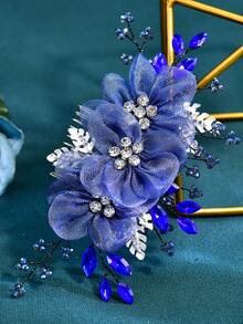 Elegant Blue Organza Flower Bridal Hair Comb Women's Headpiece Suitable For Wedding Party - Blue - View 8