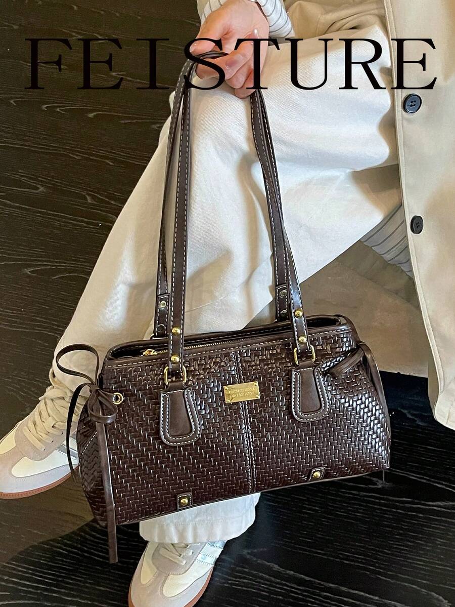 FEISTURE 1件復古編織圖案單肩腋下包,大容量女款通勤包,適合日常出遊、約會、通勤 - 咖啡 - 查看 1