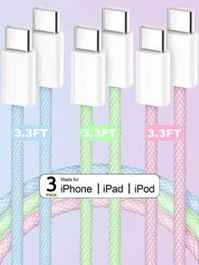3入 3.3/6.6英呎 60W USB-C 轉 USB-C 編織彩色 Type-C 快充線，相容 iPhone 17/16/15/Pro/Max/Plus、Pro/Air、Galaxy、Android、筆記型電腦 - 彩色 - 查看 24