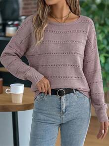Women's Striped Hollowed-Out Off-Shoulder Knitted Sweater, Crew Neck, Loose Fit, Long Sleeves, Convertible To One-Shoulder, Dual-Wear Top - 粉色 - 查看 2