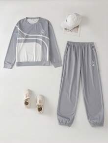 Teenagers Spring/Autumn Knitted 2 Pieces Set, Grey & White Colorblock Curved Star Print Crew Neck Sweatshirt, A Letter Poker Logo Loose Fit Joggers - Grey - View 7