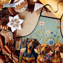 An Apron Featuring A Pattern Of Three Dachshunds And Floral Motifs; Its Simple, Stylish Design And Cute Dog Imagery Make It An Ideal Gift, While Also Making It Suitable For A Variety Of Settings, Such As Cafes, Bakeries, And Home Kitchens. - Multicolor - View 4
