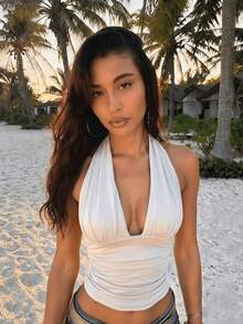 女款夏季性感修身綁帶抓皺純色上衣 - 白色 - 查看 1