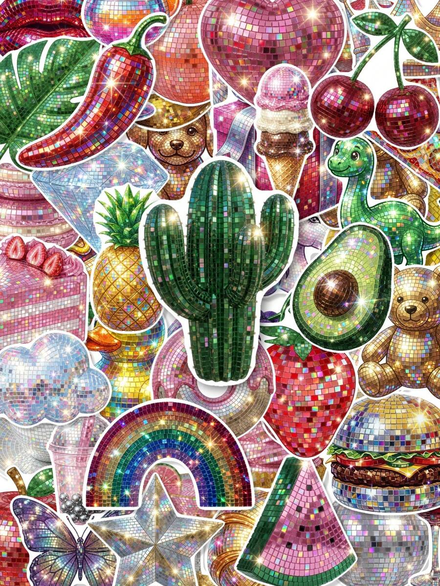Paquete de 50 pegatinas de purpurina disco Y2K, pegatinas de vinilo brillantes de frutas, postres y plantas para fiestas, adecuadas para portátil, diario, escuela, equipaje y manualidades DIY - Multicolor - Ver 1