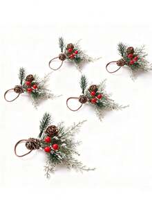 4pcs Christmas Snowflake, Pine Needle & Pine Cone Napkin Rings, Table Decor With Cedar And Red Berries, Suitable For Christmas, Thanksgiving, Christmas Eve And Themed Party Decoration - Multicolor - View 6