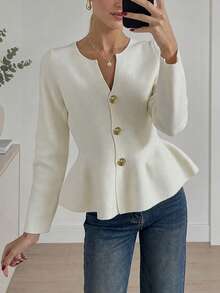 Elegant Women's Long Sleeve Knit Sweater, Gold Buttons, Flared Hem, Regular Length, Medium Stretch Fabric, Fashionable Autumn/Winter Essential - White - View 2