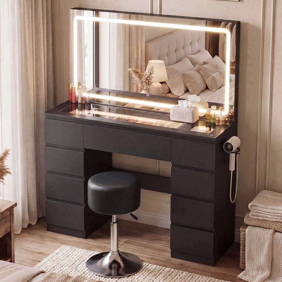 Devoko Modern Vanity Table With Extra Large LED Mirror, 3 Light Colors And Dimmable Brightness, Dressing Table With Glass Top, 9 Drawers, Power Strip And Hair Dryer Holder, White/Black - 查看 1