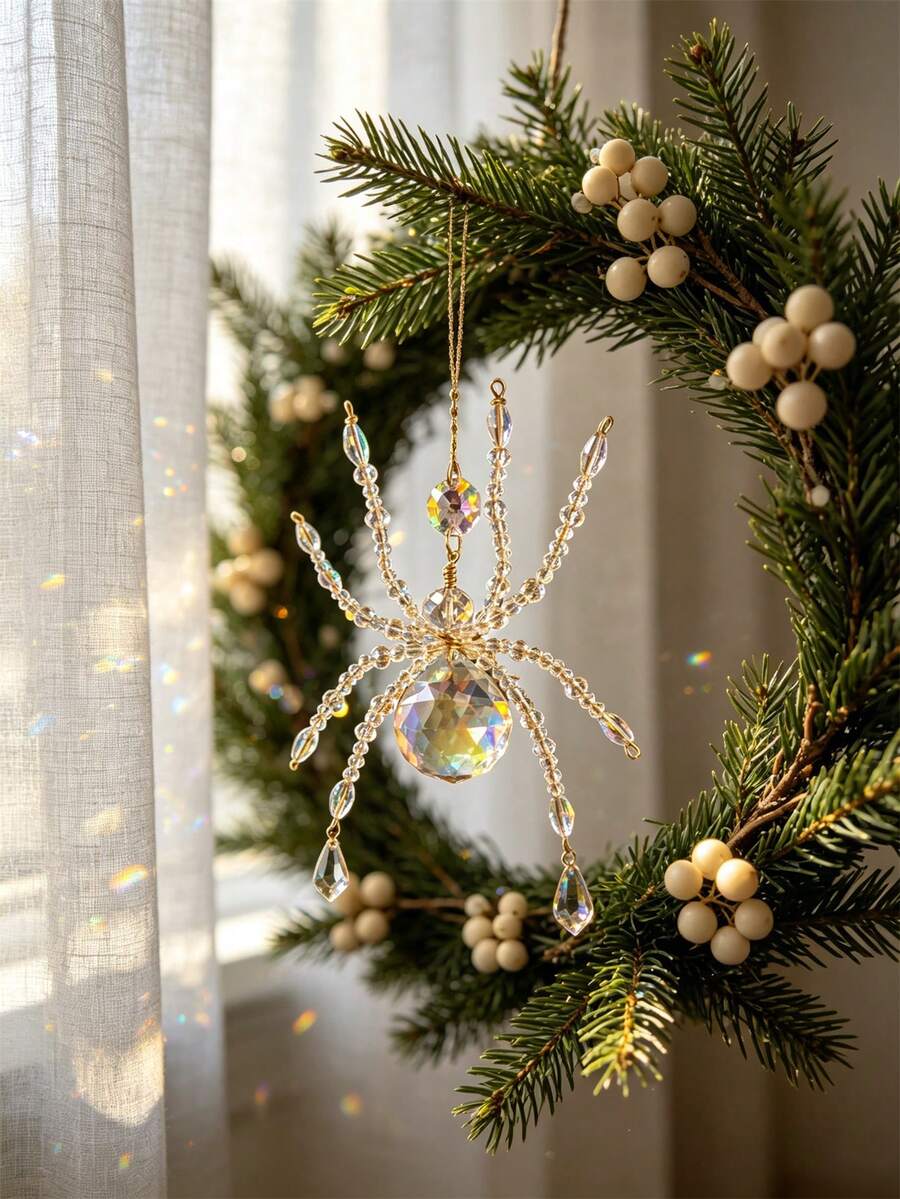 1pc Halloween Christmas Crystal Spider Suncatcher, Beaded Spider Pendant Crystal Prism, Rainbow Maker Window Hanging Decor, Home Indoor Tree Party Decoration - Crystal Spider - View 1