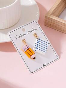 1 Pair Asymmetrical Pencil & Notebook Acrylic Pendant Earrings, Cute Stationery Style Earrings, Back To School Season Women & Girls Daily Decorative Jewelry - Multicolor - View 3