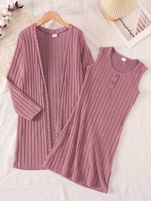 Purechapter Girls 2-Piece Set Casual Solid Color Ribbed Tank Dress And Long Cardigan, Suitable For Daily Casual Outdoor Wear, Girls Autumn Outfit - Rusty Rose - View 1