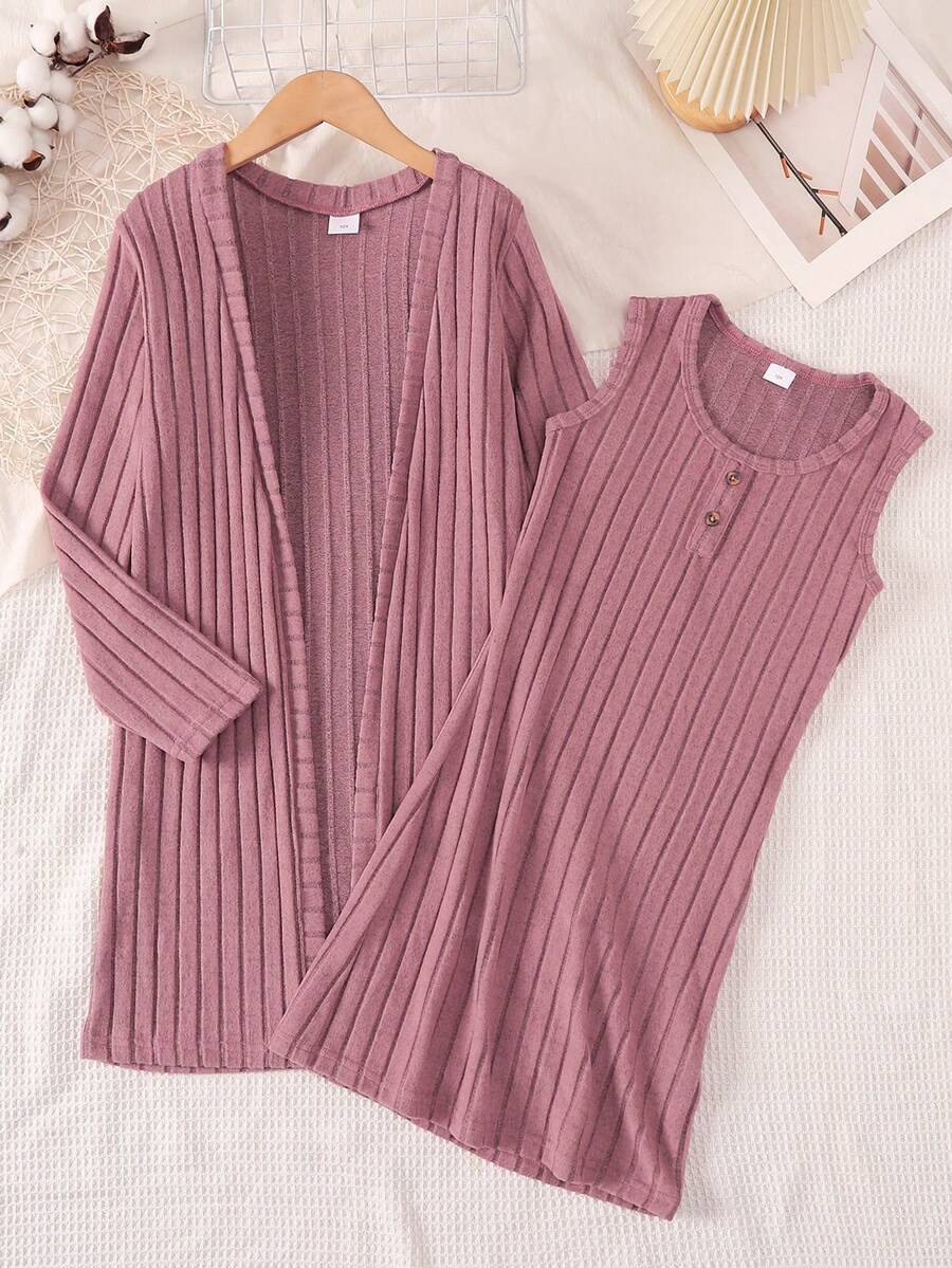 Purechapter Girls 2-Piece Set Casual Solid Color Ribbed Tank Dress And Long Cardigan, Suitable For Daily Casual Outdoor Wear, Girls Autumn Outfit - Rusty Rose - View 1