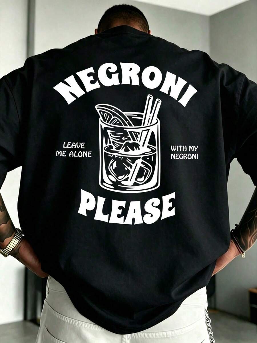 Men's Plus Size Casual Letter Pattern Round Neck Short Sleeve T-Shirt - 黑色 - 查看 1