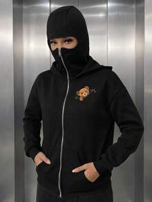 女款休閒抓絨頭套連帽衛衣，雙層帽設計，拉鍊口袋，寬鬆版型，適合秋冬日常穿著，黑色 - 黑色 - 查看 6