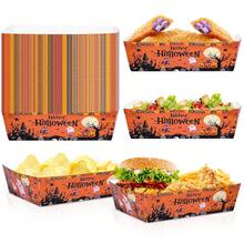 20pcs/40pcs/60pcs Halloween Orange Paper Food Trays, Disposable Boat-Shaped Paper Trays Printed With Black And Orange Pumpkin, Ghost, Witch And Castle Patterns; Suitable For Halloween Party, Birthday Celebration, Day Of The Dead Festival - Multicolor - View 1
