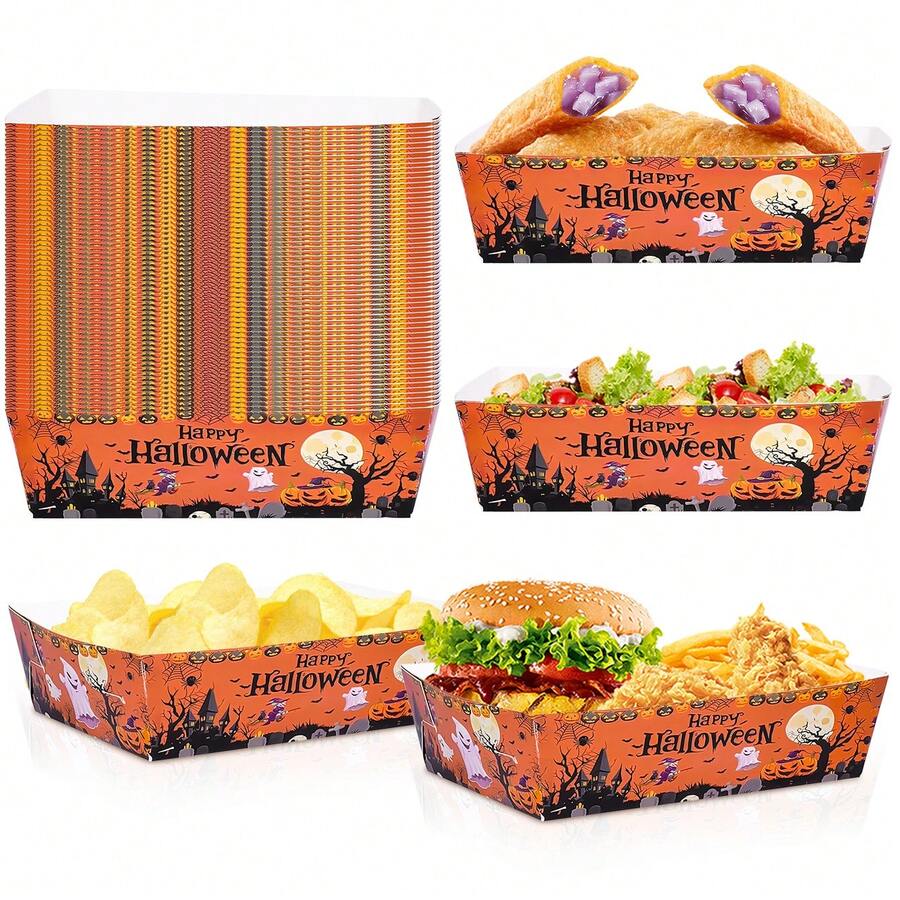 20pcs/40pcs/60pcs Halloween Orange Paper Food Trays, Disposable Boat-Shaped Paper Trays Printed With Black And Orange Pumpkin, Ghost, Witch And Castle Patterns; Suitable For Halloween Party, Birthday Celebration, Day Of The Dead Festival - Multicolor - View 1