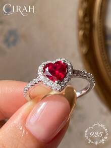 1pc Half Heart Shaped Rhinestone Inlaid Black & Red Ring, Exquisite Women's Jewelry, Anniversary Birthday Gift - Antique Silver - View 1