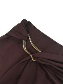Women's Metal Buckle Pleated Elegant Midi Skirt For Office And Commute - Brown - View 8