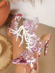 Women's High Heel Fashion Sandals Pointed Toe Lace-Up 11cm Printed Colorblock Sexy Stiletto Ultra High Heel Fashion Sandals Plus Size 42 - Pink - View 2