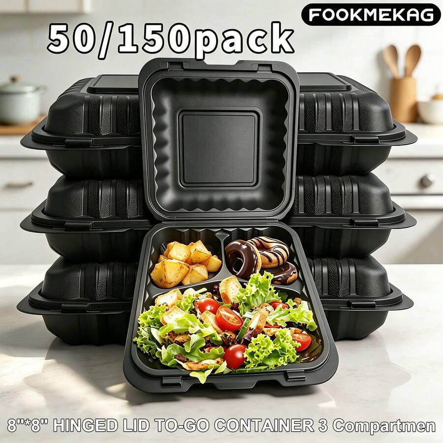 FookmeKag 50/150 Pieces Of 8"/9 Inch Black 3-Layer Portable Food Containers With Double-Layer Lids, Disposable High-Strength Plastic Hinge-Style Lunch Boxes, Suitable For Use In Microwave Ovens And Refrigerators. - 50pcs - 查看 1