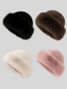 1/4pcs Set Faux Fur Fashion Hat, New Plush Hat For Women, Warm & Cute Plush Hat For Winter Outfit - Multicolor - View 3
