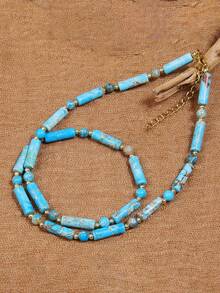 Natural Turquoise Bead Necklace - Symbol Of & Wisdom, Luck, Unique Design Bohemia Elegant Jewelry For Daily Chic Perfect Gift Birthdays/Anniversaries - Baby Blue - View 1