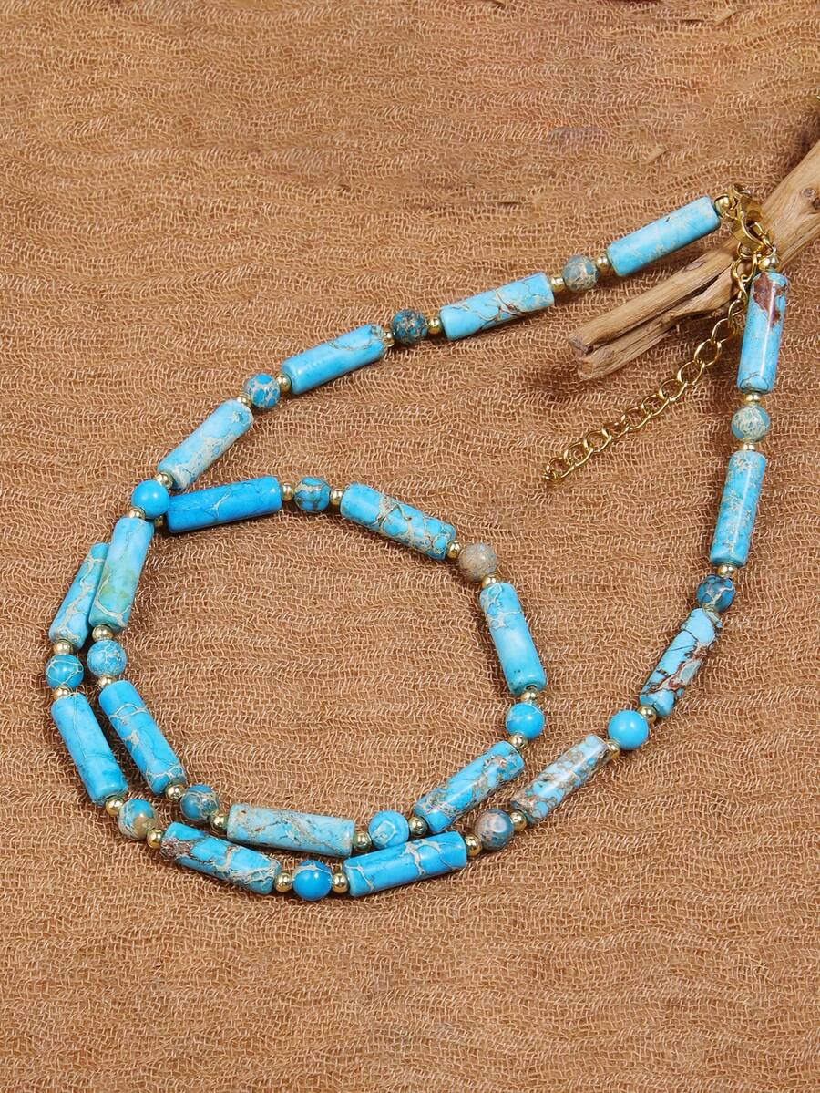 Natural Turquoise Bead Necklace - Symbol Of & Wisdom, Luck, Unique Design Bohemia Elegant Jewelry For Daily Chic Perfect Gift Birthdays/Anniversaries - Baby Blue - View 1