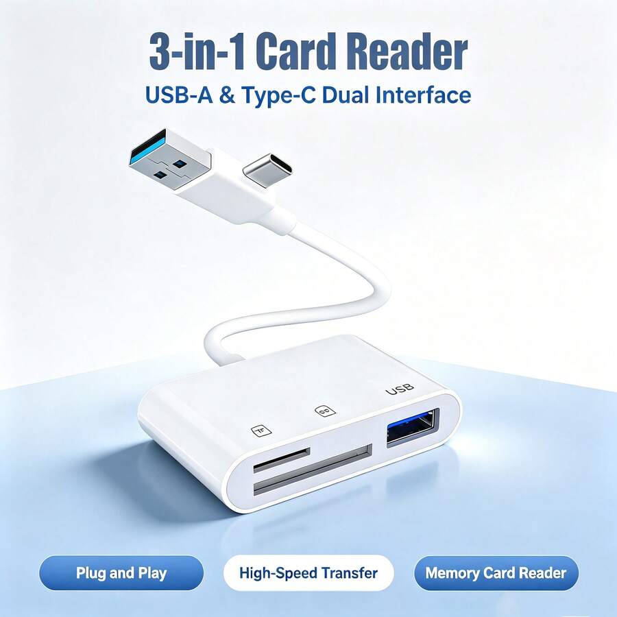 USB+Type-C 2合1 T型記憶卡讀卡器 SD/TF/USB 相機追蹤讀卡連接器 旅行便攜記憶卡轉接頭 相容手機 17/16/15/S26/S25/S24/523/522/521/Pad/筆電系列讀卡器 - 白色 - 查看 1