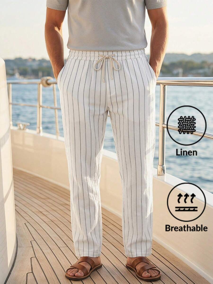 Linen Summer Beach Pants, Drawstring Vertical Striped Straight Leg Comfortable Breathable Casual Trousers For Men - White - View 1