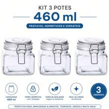 Kit 3 Potes de Vidro Com Trava Sofisticada e Hermético 460ml. - Multicolorido - Visão 3