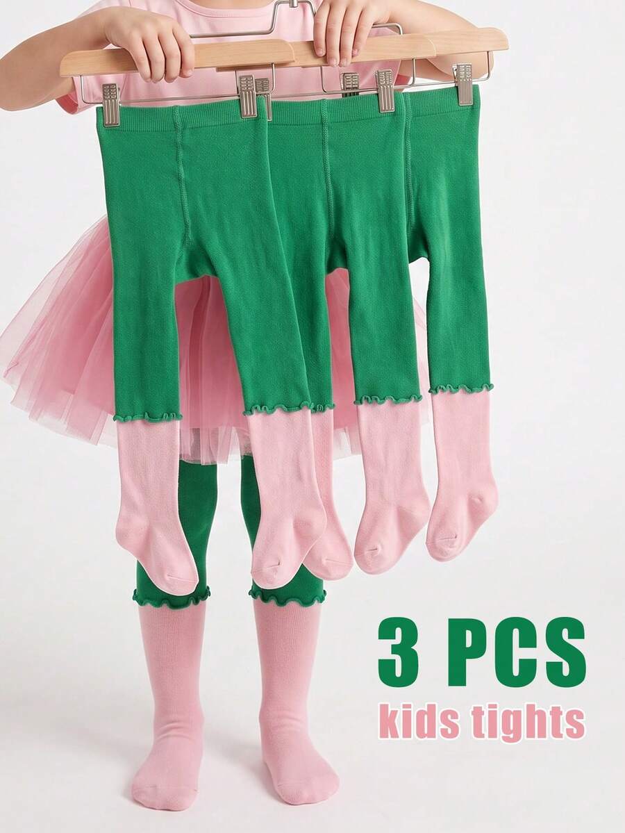 3 PCS Children's Toddler Girls Cute Color Block Tights High Elasticity Breathable Cozy Moderate Thickness Everyday Leggings - Multicolor - View 1