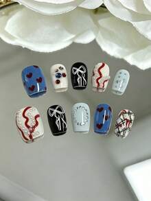10 piezas de uñas postizas cuadradas cortas hechas a mano, estilo vintage soft girl, Y2K pintadas a mano con lazo rojo, corazón, lazo negro, lazo blanco, purpurina grande, coloridas, con strass y perlas, set de uñas postizas para dedos - Multicolor - Ver 2