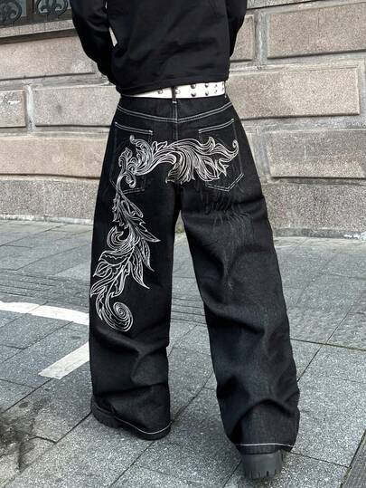 Infinite Jeans 1pc American Street Vintage Men's Embroidered Denim Jeans Loose Comfortable Wide Leg Pants All Season Versatile Denim Long Pants (Product Does Not Include Belt And Accessories)