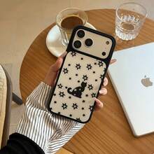 1pc White Background Black Star Silhouette Black Cat Pattern Black Edge Glossy TPU Shockproof Soft Shell Large Window Full Coverage Lens Phone Case No Lanyard Accessories Compatible With All Apple Models Minimalist Korean Cool Ins Style - Black - View 2