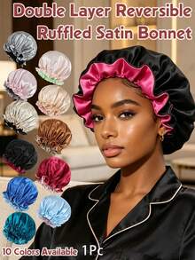 Awegeo 1件女款雙層純色波浪邊彈性絲綢緞面時尚睡帽，休閒舒適柔軟透氣護髮帽 - 彩色 - 查看 1