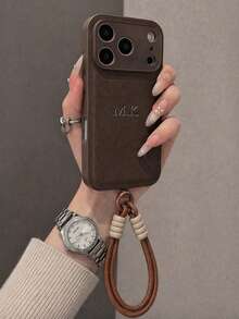 Personalized Custom (2-Piece Set) Luxury Lychee Texture Letter Embossed Wrist Strap Phone Case, Luxury Minimalist Outdoor Portable Strap Lanyard Faux PU Leather Phone Case, Compatible With Apple 17 16 15 14 13 12 11 Pro Max 14 15 16 Plus 17 Air Hot Stamping Letters All-Inclusive Protective Cover Stylish Phone Cover DIY Gift, Phone Accessory - Orange - View 6