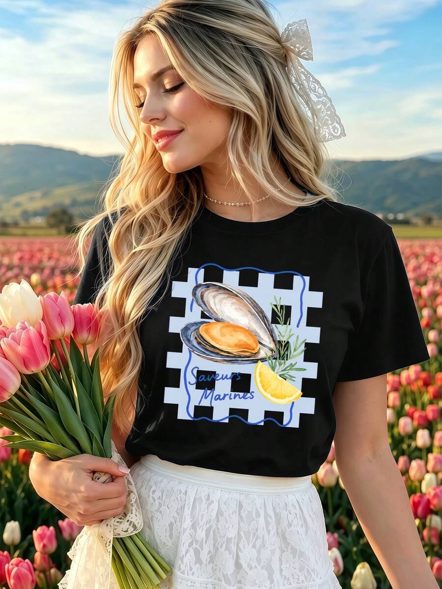 Cotton T-Shirt With A Lemon And Seafood Graphic Print. High-Quality Cotton, Comfortable Fit, Hip-Hop Street Style, Unique Graphic Print. - Black - View 1