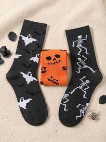 3 Pairs Kids Autumn/Winter Halloween Bat Pumpkin Mid-Calf Socks, Soft Comfortable Casual Halloween Gift For Children - Multicolor - View 3