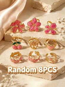 VceTd Random 4/6/8PCS Cute Flower/Fruit/Heart Shaped Design Stainless Steel Women's Jewelry Set Suitable For Women's Daily Wear Or Vacation - Yellow Gold - View 1