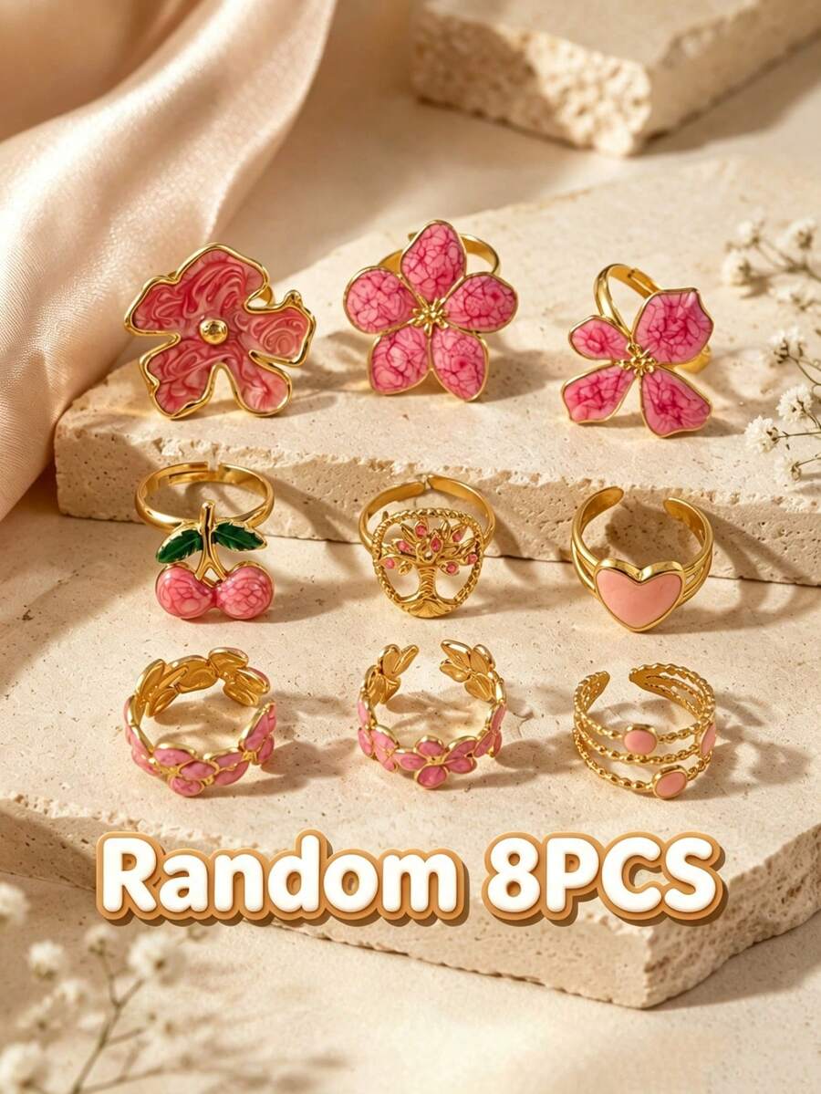 VceTd Random 4/6/8PCS Cute Flower/Fruit/Heart Shaped Design Stainless Steel Women's Jewelry Set Suitable For Women's Daily Wear Or Vacation - Yellow Gold - View 1