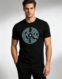 NeonGlowBlackPrintedwithMysticalCircularLabyrinthandStars,SoftMachineWashableFabric,CrewNeckCasualTopforDailyOutfits,PartiesandFestivalsrel - Black - View 1