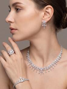 1 Set Luxury Elegant Inlaid Sparkling Cubic Zirconia Bouquet Design Jewelry Set Suitable For Women Wedding Banquet Wear Includes 1 Pair Earrings 1 Necklace 1 Bracelet 1 Ring Does Not Include Gift Box - Silver - View 1