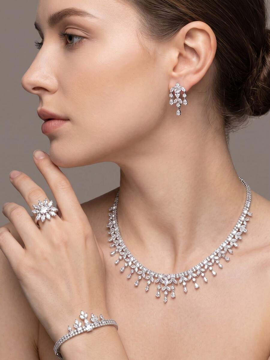 1 Set Luxury Elegant Inlaid Sparkling Cubic Zirconia Bouquet Design Jewelry Set Suitable For Women Wedding Banquet Wear Includes 1 Pair Earrings 1 Necklace 1 Bracelet 1 Ring Does Not Include Gift Box - Silver - View 1