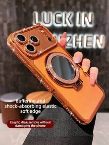 Apple 17/17 Pro Max Phone Case Luxury Rhinestone Sequin Kickstand Phone Case - Apple 15 Pro Max Phone Case With Sequin And Makeup Mirror Ring Kickstand High Quality Shockproof Frame Back Shell Suitable For IPhone 17/16/15/14/13/12/11/Max/Pro/Plus Rhinestone Lens Protection Electroplated Anti-Drop Phone Case Suitable For Women Spring Gift Party Birthday Gift - Orange - View 7